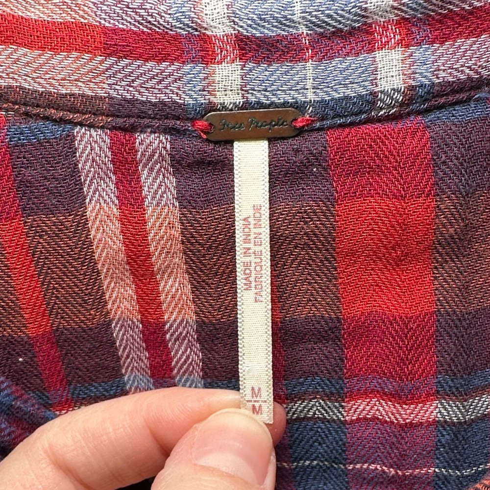 Free People Magical Ebroidered Button Down Red and Blue Plaid Shirt - Picture 2 of 13